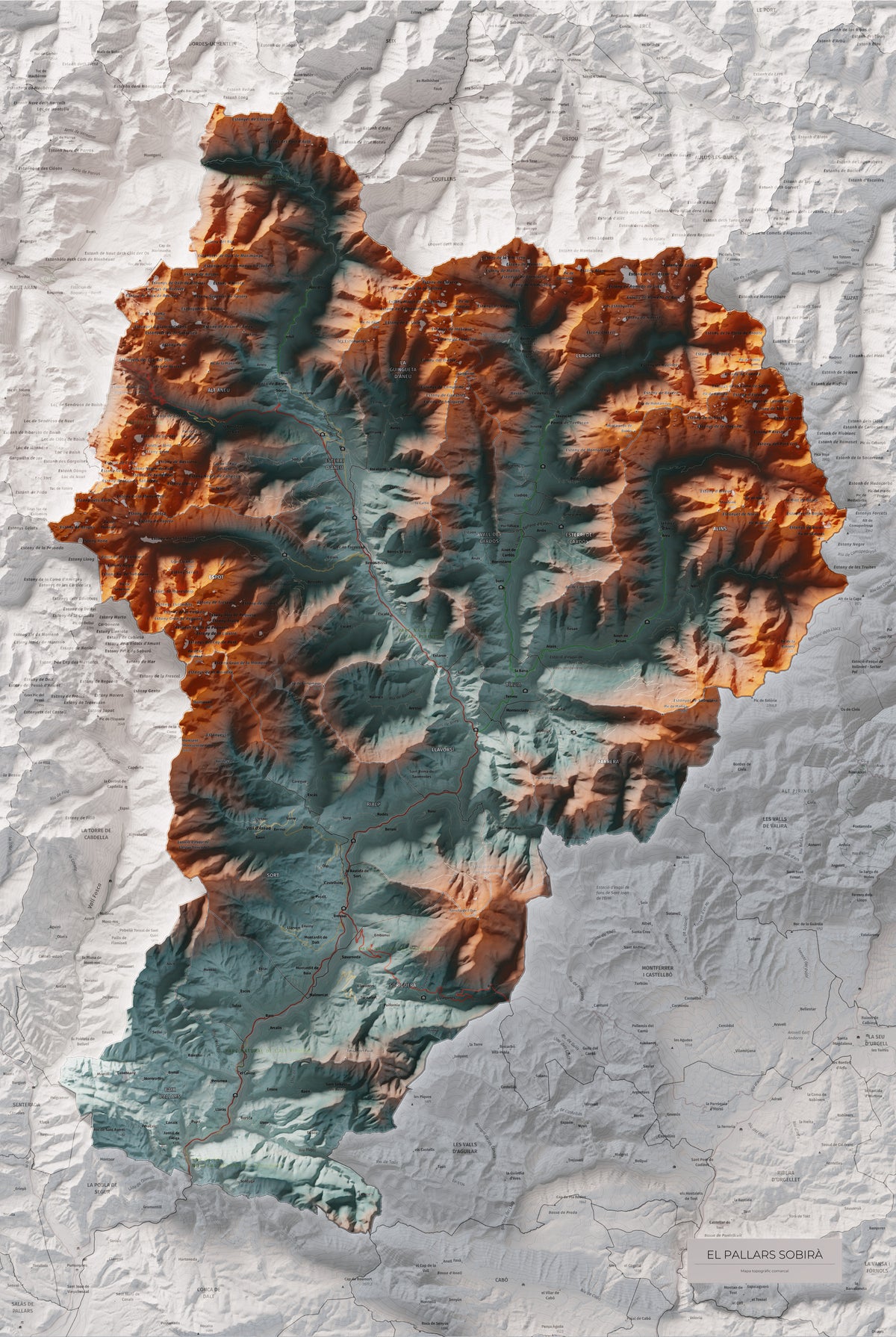 Mapa de relleu del Pallars Sobirà, amb el territori en color i l’entorn en blanc. Vista completa de la làmina. 61 × 91 cm. Estil Blau i taronja.