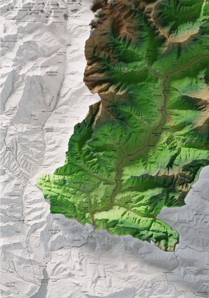 Mapa de relleu del Pallars Sobirà, amb el territori en color i l’entorn en blanc. Detall de la part inferior esquerra. 70 × 100 cm. Estil Clàssic.