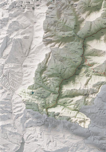Mapa de relleu del Pallars Sobirà, amb el territori en color i l’entorn en blanc. Detall de la part inferior esquerra. 70 × 100 cm. Estil Cartogràfic.