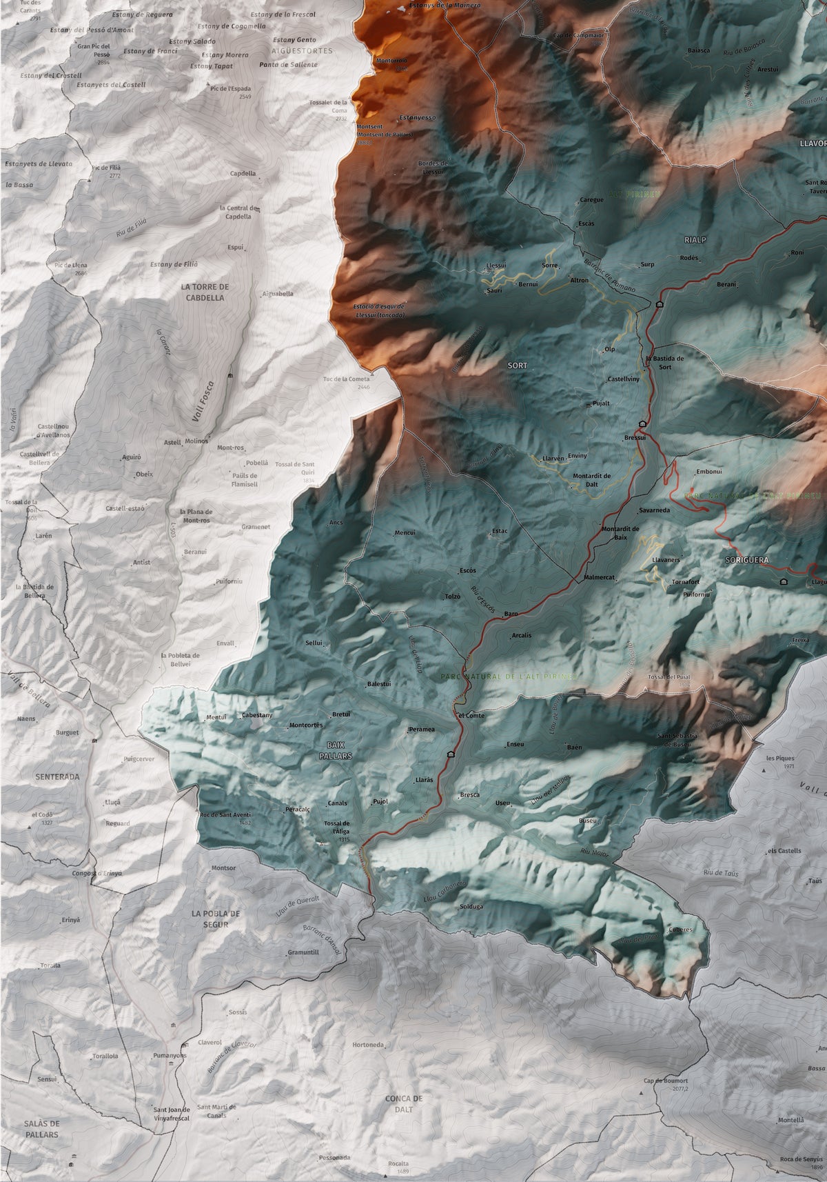Mapa de relleu del Pallars Sobirà, amb el territori en color i l’entorn en blanc. Detall de la part inferior esquerra. 70 × 100 cm. Estil Blau i taronja.