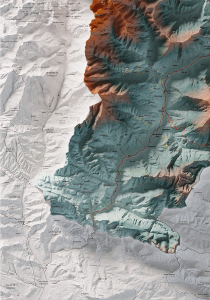 Mapa de relleu del Pallars Sobirà, amb el territori en color i l’entorn en blanc. Detall de la part inferior esquerra. 70 × 100 cm. Estil Blau i taronja.