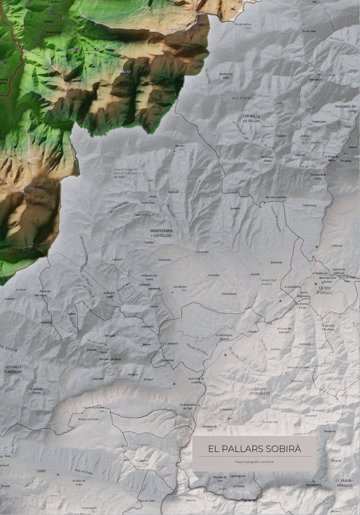 Mapa de relleu del Pallars Sobirà, amb el territori en color i l’entorn en blanc. Detall de la part inferior dreta. 70 × 100 cm. Estil Clàssic.