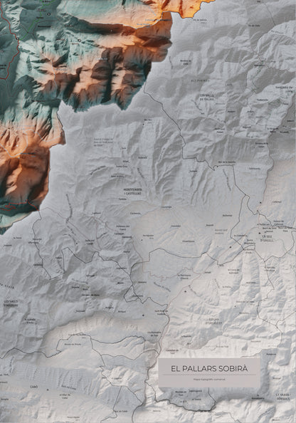 Mapa de relleu del Pallars Sobirà, amb el territori en color i l’entorn en blanc. Detall de la part inferior dreta. 70 × 100 cm. Estil Blau i taronja.