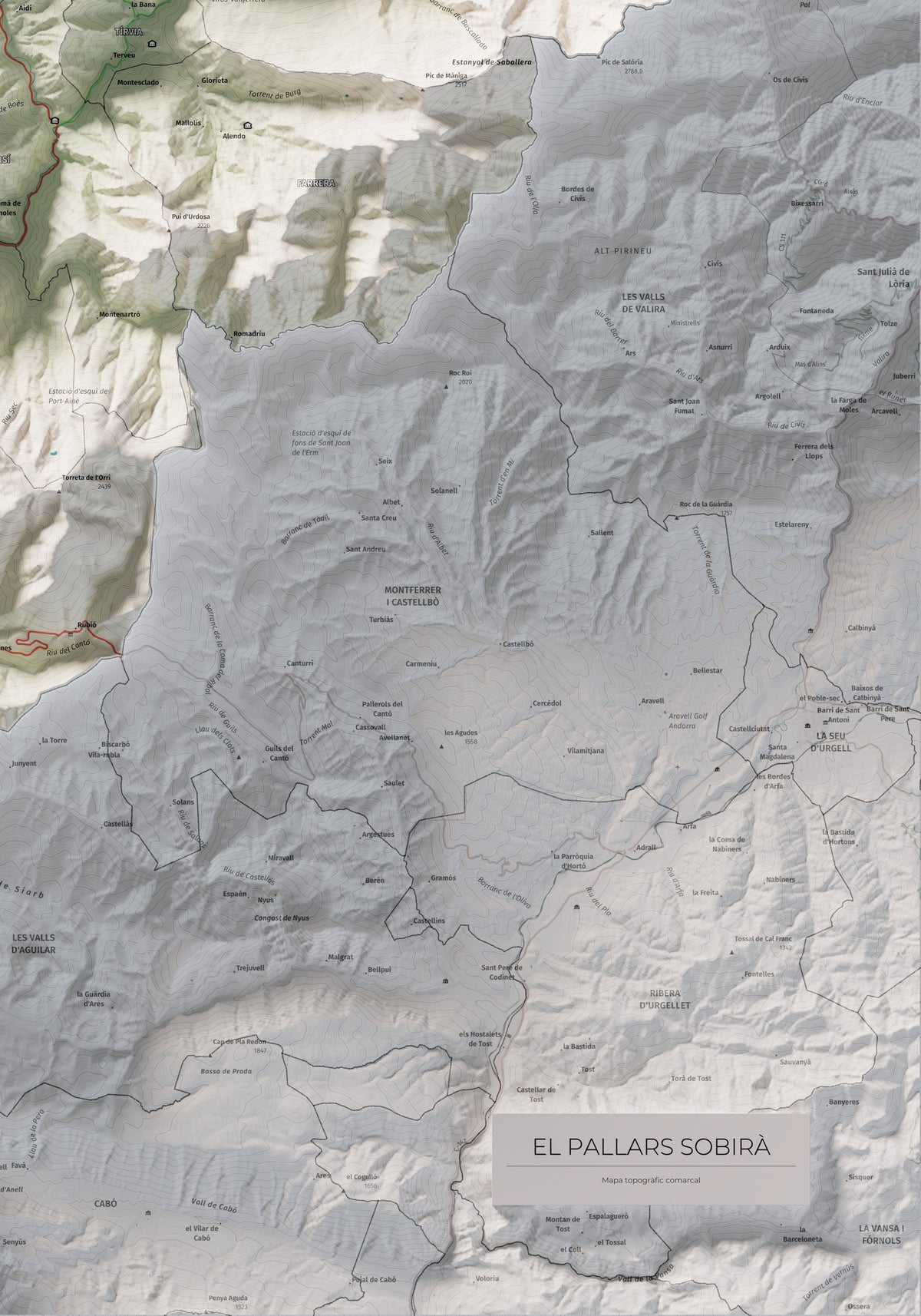 Mapa de relleu del Pallars Sobirà, amb el territori en color i l’entorn en blanc. Detall de la part inferior dreta. 70 × 100 cm. Estil Cartogràfic.