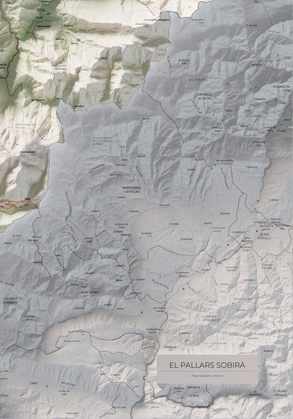 Mapa de relleu del Pallars Sobirà, amb el territori en color i l’entorn en blanc. Detall de la part inferior dreta. 70 × 100 cm. Estil Cartogràfic.