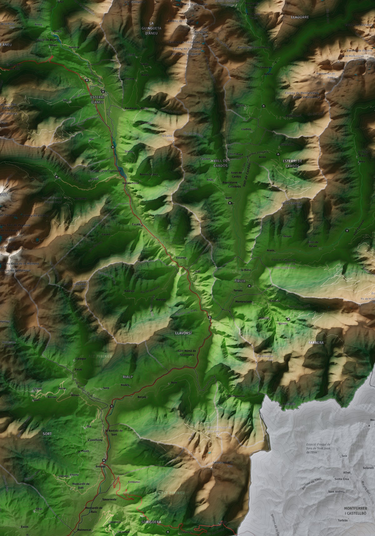 Mapa de relleu del Pallars Sobirà, amb el territori en color i l’entorn en blanc. Detall de la part central. 70 × 100 cm. Estil Clàssic.