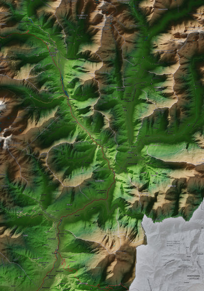 Mapa de relleu del Pallars Sobirà, amb el territori en color i l’entorn en blanc. Detall de la part central. 70 × 100 cm. Estil Clàssic.