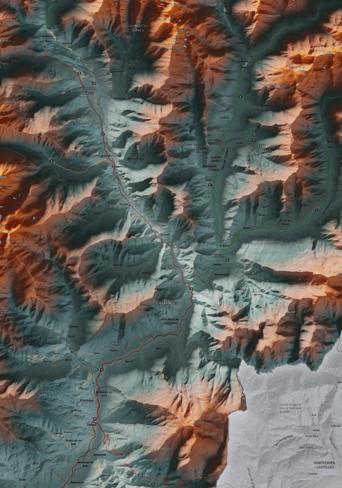 Mapa de relleu del Pallars Sobirà, amb el territori en color i l’entorn en blanc. Detall de la part central. 70 × 100 cm. Estil Blau i taronja.