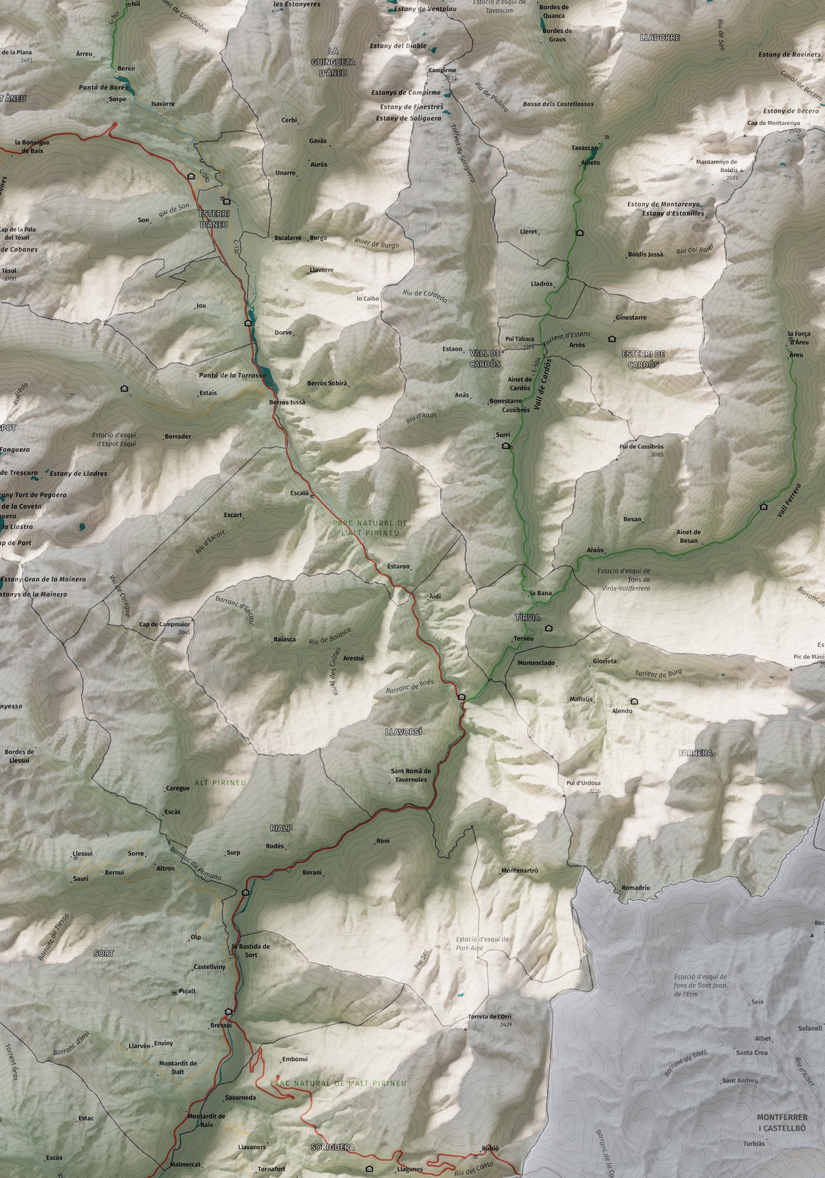 Mapa de relleu del Pallars Sobirà, amb el territori en color i l’entorn en blanc. Detall de la part central. 70 × 100 cm. Estil Cartogràfic.