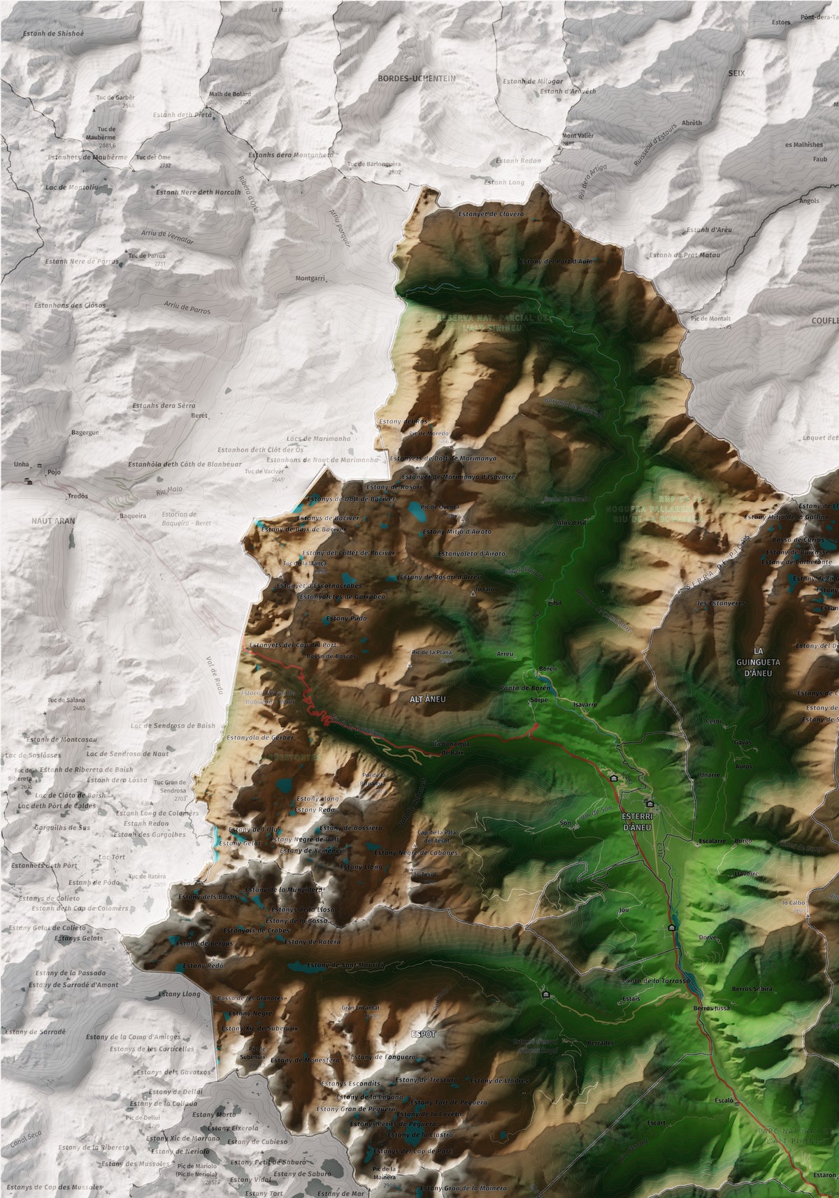 Mapa de relleu del Pallars Sobirà, amb el territori en color i l’entorn en blanc. Detall de la part superior esquerra. 70 × 100 cm. Estil Clàssic.