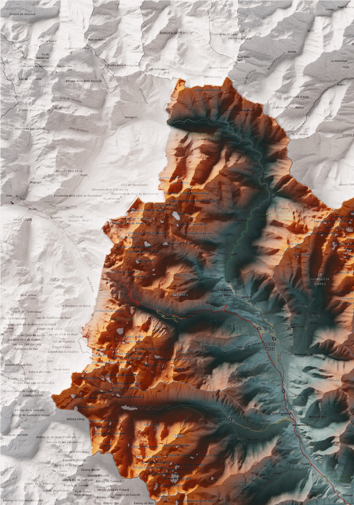 Mapa de relleu del Pallars Sobirà, amb el territori en color i l’entorn en blanc. Detall de la part superior esquerra. 70 × 100 cm. Estil Blau i taronja.