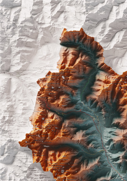 Mapa de relleu del Pallars Sobirà, amb el territori en color i l’entorn en blanc. Detall de la part superior esquerra. 70 × 100 cm. Estil Blau i taronja.