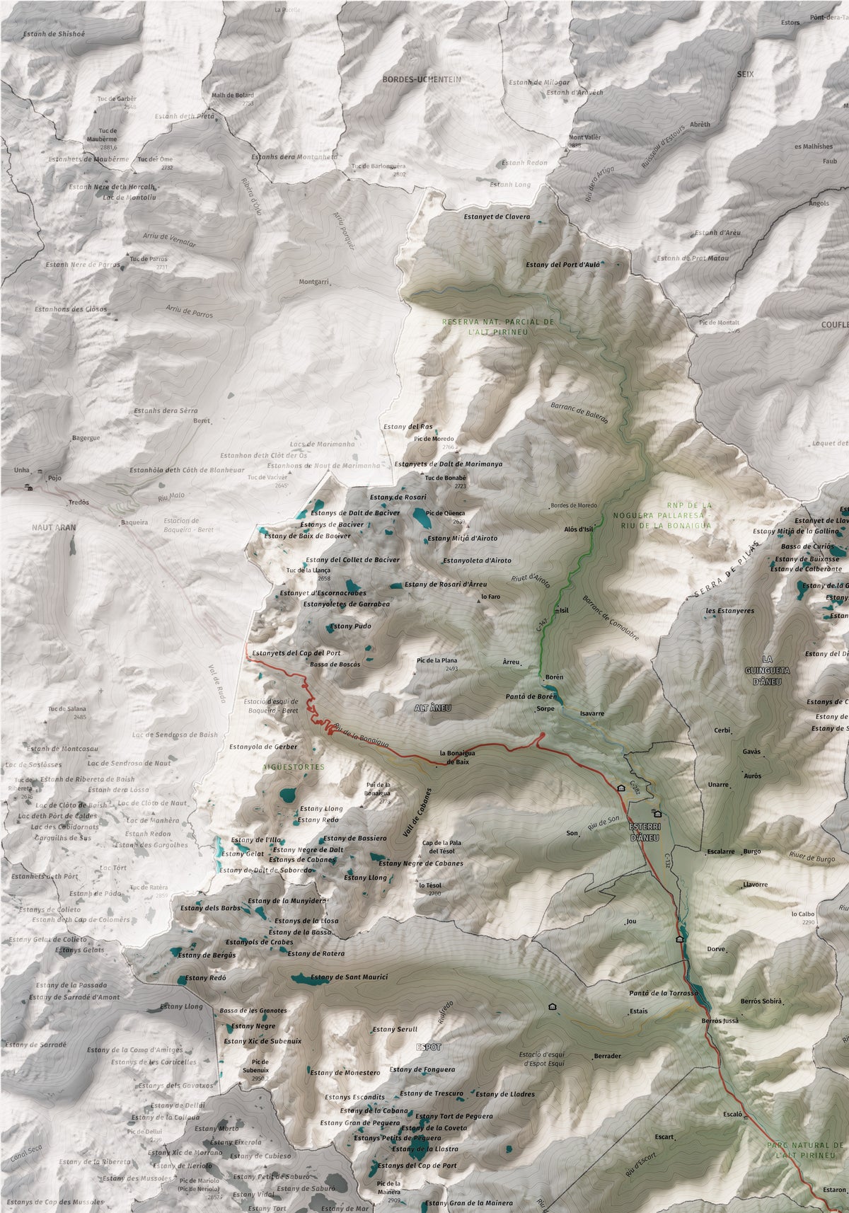 Mapa de relleu del Pallars Sobirà, amb el territori en color i l’entorn en blanc. Detall de la part superior esquerra. 70 × 100 cm. Estil Cartogràfic.