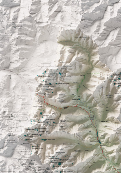 Mapa de relleu del Pallars Sobirà, amb el territori en color i l’entorn en blanc. Detall de la part superior esquerra. 70 × 100 cm. Estil Cartogràfic.