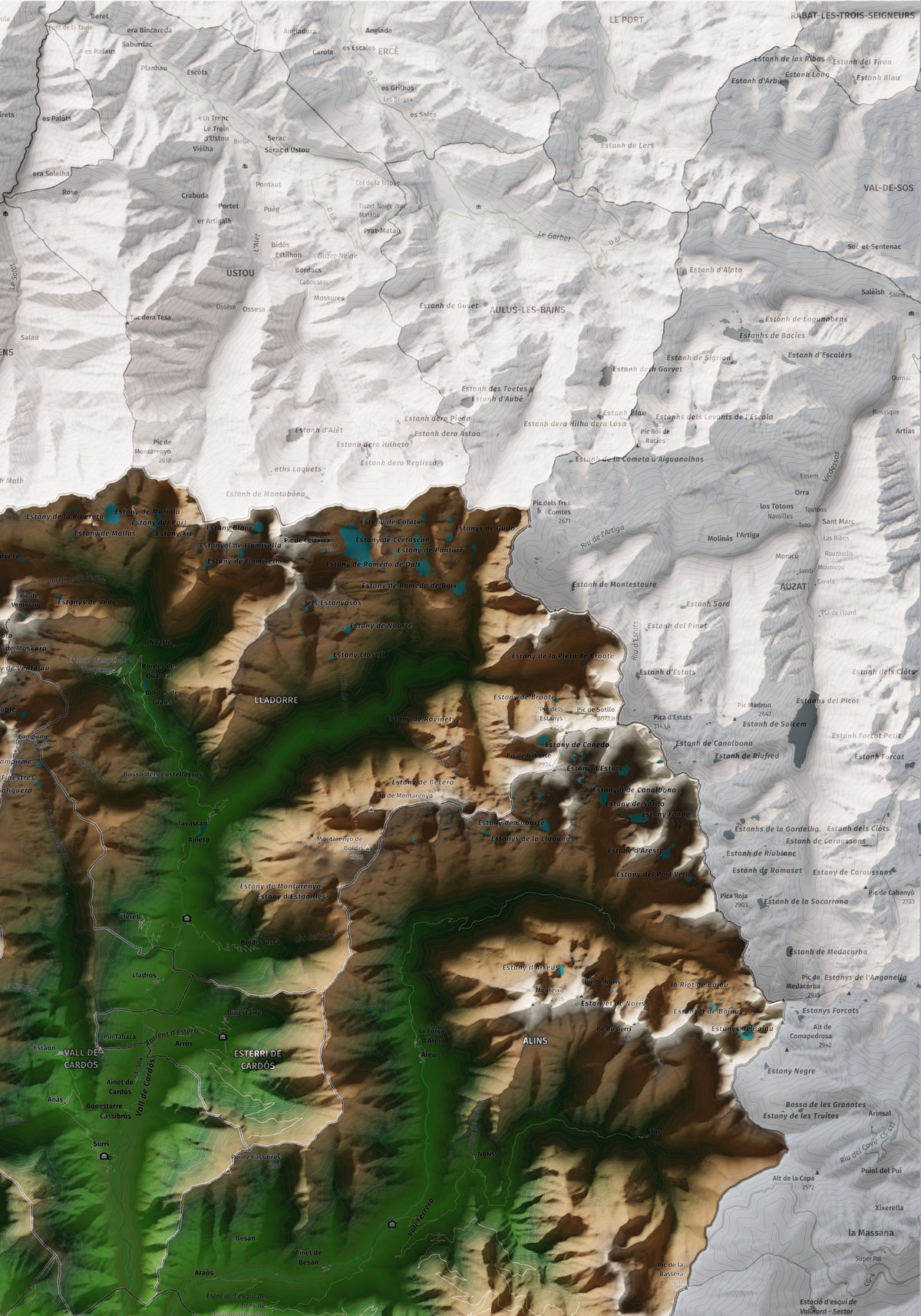 Mapa de relleu del Pallars Sobirà, amb el territori en color i l’entorn en blanc. Detall de la part superior dreta. 70 × 100 cm. Estil Clàssic.