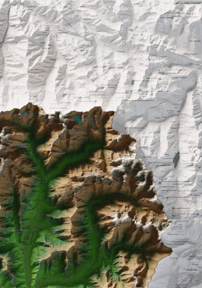 Mapa de relleu del Pallars Sobirà, amb el territori en color i l’entorn en blanc. Detall de la part superior dreta. 70 × 100 cm. Estil Clàssic.