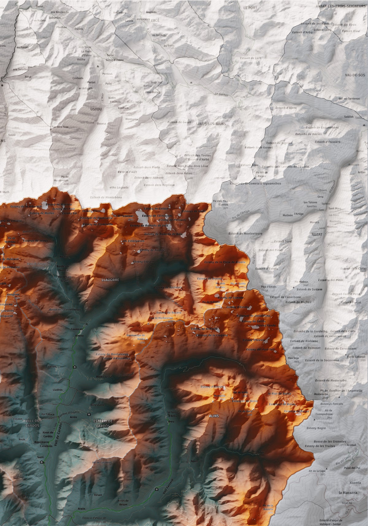 Mapa de relleu del Pallars Sobirà, amb el territori en color i l’entorn en blanc. Detall de la part superior dreta. 70 × 100 cm. Estil Blau i taronja.