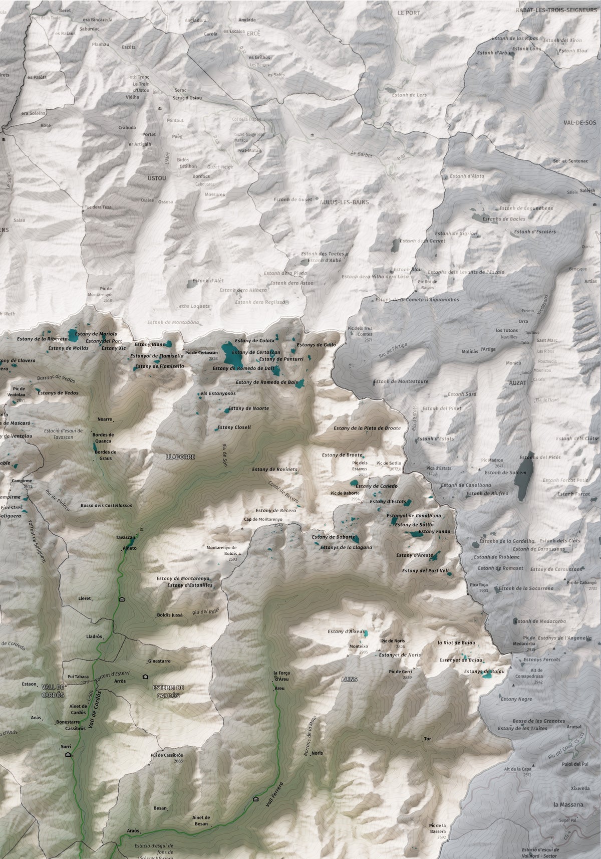 Mapa de relleu del Pallars Sobirà, amb el territori en color i l’entorn en blanc. Detall de la part superior dreta. 70 × 100 cm. Estil Cartogràfic.