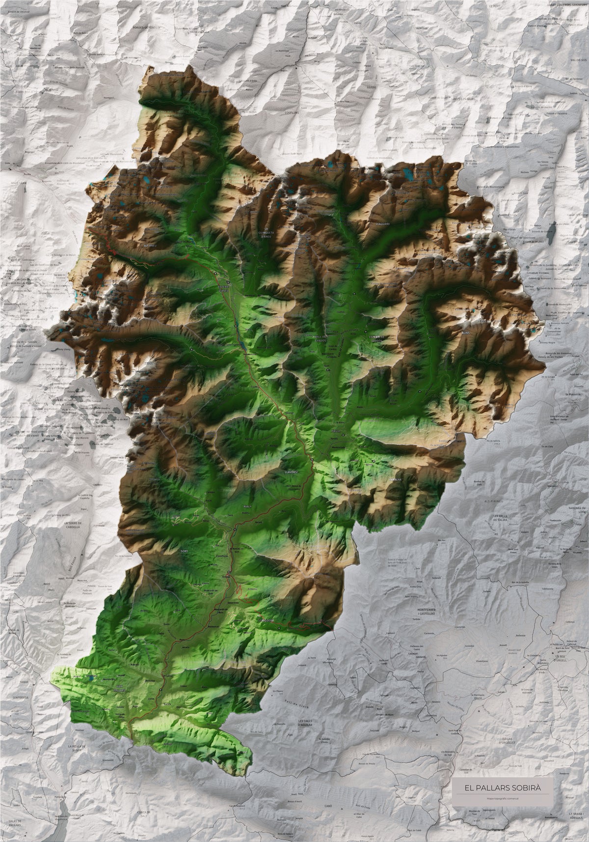 Mapa de relleu del Pallars Sobirà, amb el territori en color i l’entorn en blanc. Vista completa de la làmina. 70 × 100 cm. Estil Clàssic.