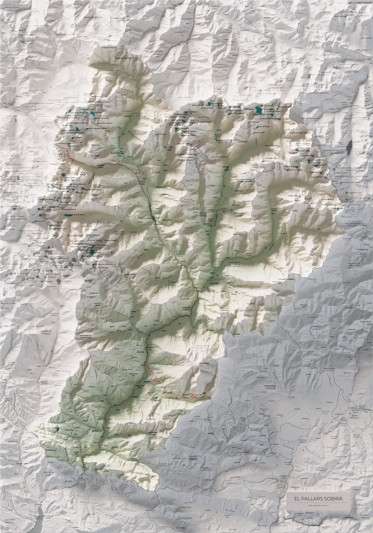 Mapa de relleu del Pallars Sobirà, amb el territori en color i l’entorn en blanc. Vista completa de la làmina. 70 × 100 cm. Estil Cartogràfic.