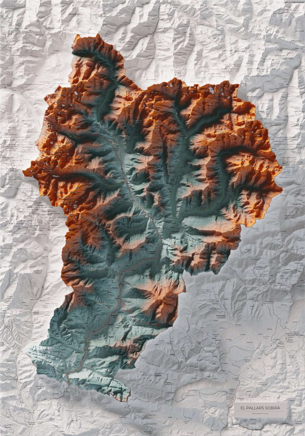 Mapa de relleu del Pallars Sobirà, amb el territori en color i l’entorn en blanc. Vista completa de la làmina. 70 × 100 cm. Estil Blau i taronja.