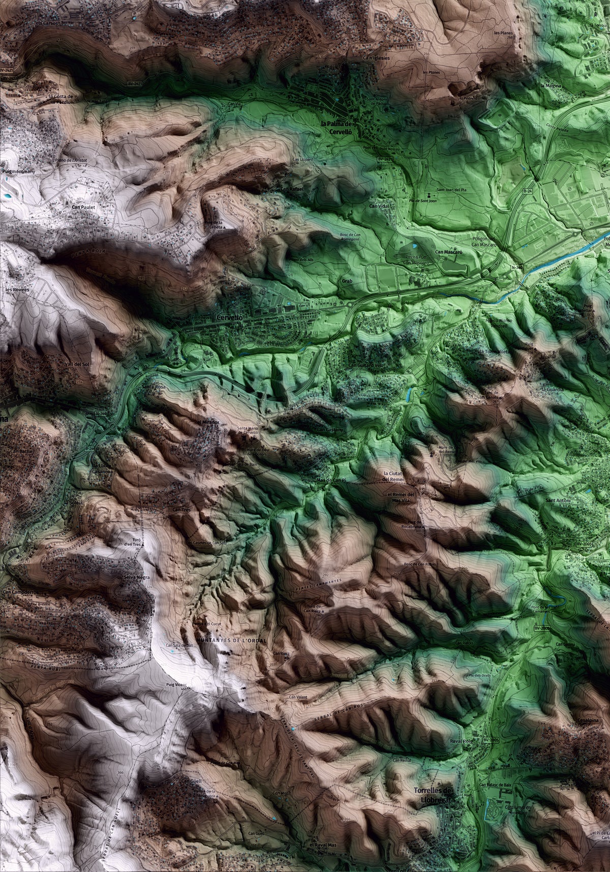 Mapa artístico del relieve de Pallejà, al Baix Llobregat, con 15 km de entorno y base topográfica ICGC. Detalle de la zona inferior izquierda.