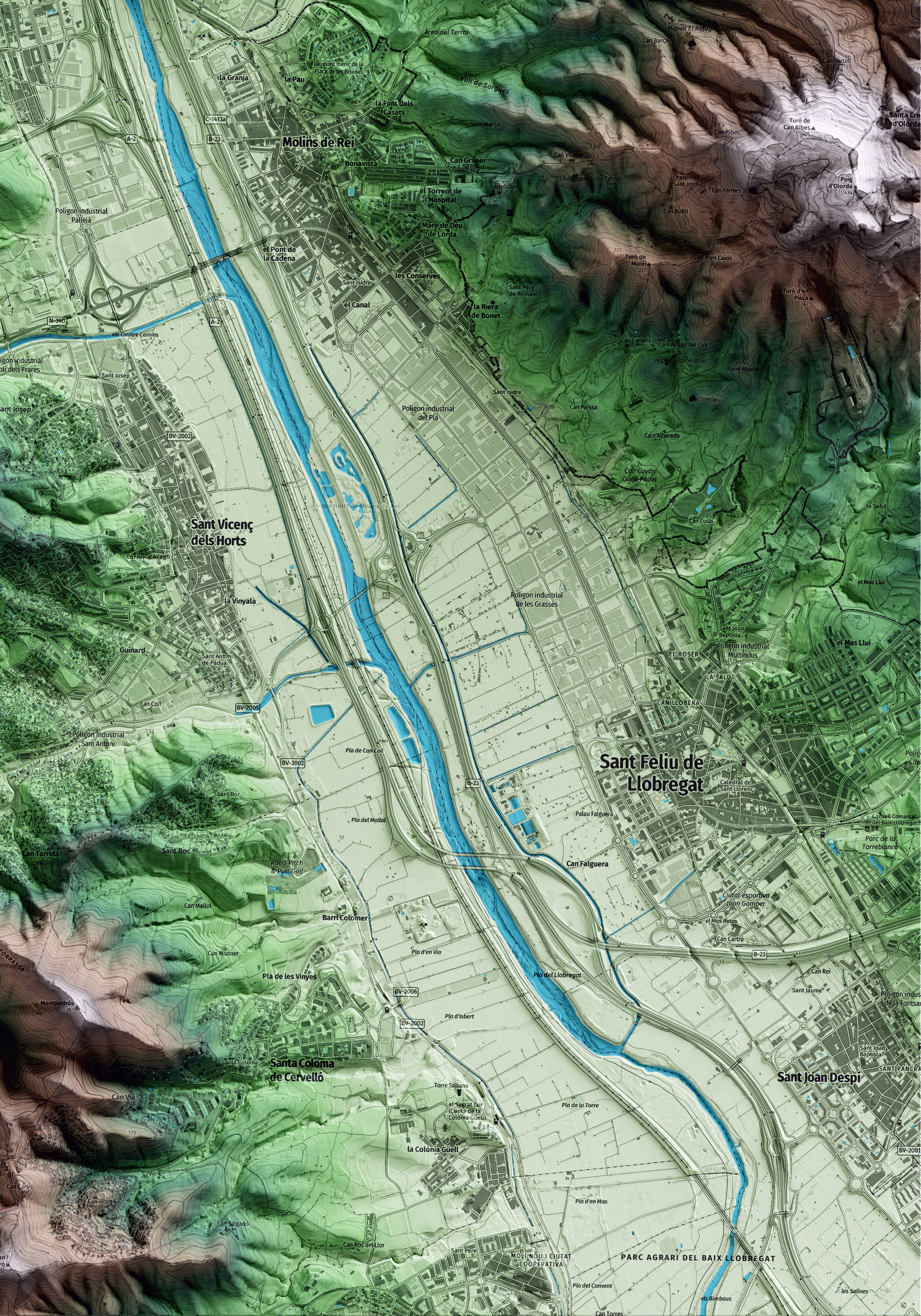 Mapa artístico del relieve de Pallejà, al Baix Llobregat, con 15 km de entorno y base topográfica ICGC. Detalle de la zona inferior derecha.