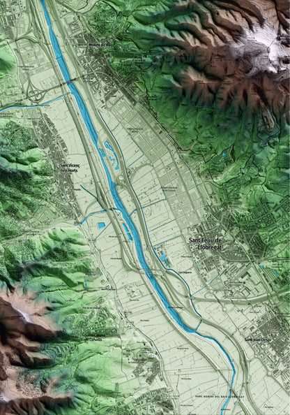 Mapa artístico del relieve de Pallejà, al Baix Llobregat, con 15 km de entorno y base topográfica ICGC. Detalle de la zona inferior derecha.