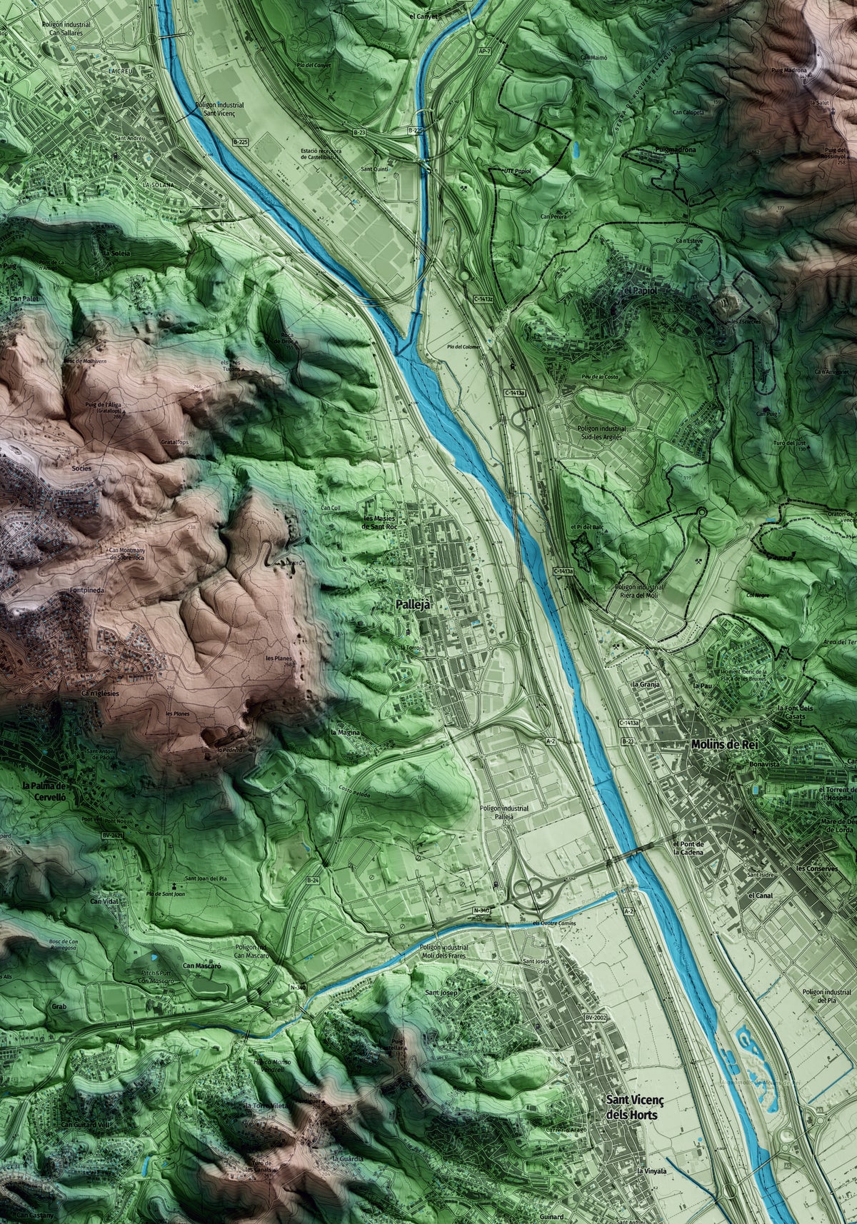 Mapa artístico del relieve de Pallejà, al Baix Llobregat, con 15 km de entorno y base topográfica ICGC. Detalle de la zona central.