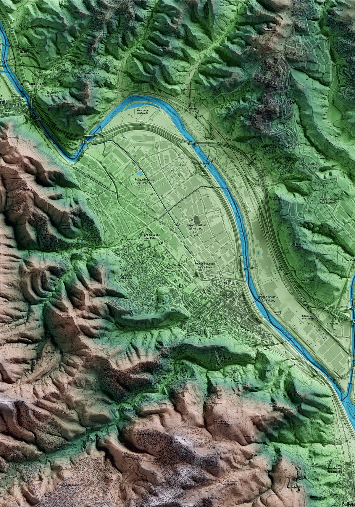Mapa artístico del relieve de Pallejà, al Baix Llobregat, con 15 km de entorno y base topográfica ICGC. Detalle de la zona superior izquierda.