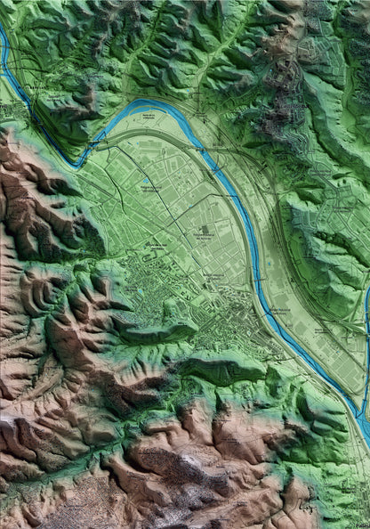 Mapa artístico del relieve de Pallejà, al Baix Llobregat, con 15 km de entorno y base topográfica ICGC. Detalle de la zona superior izquierda.