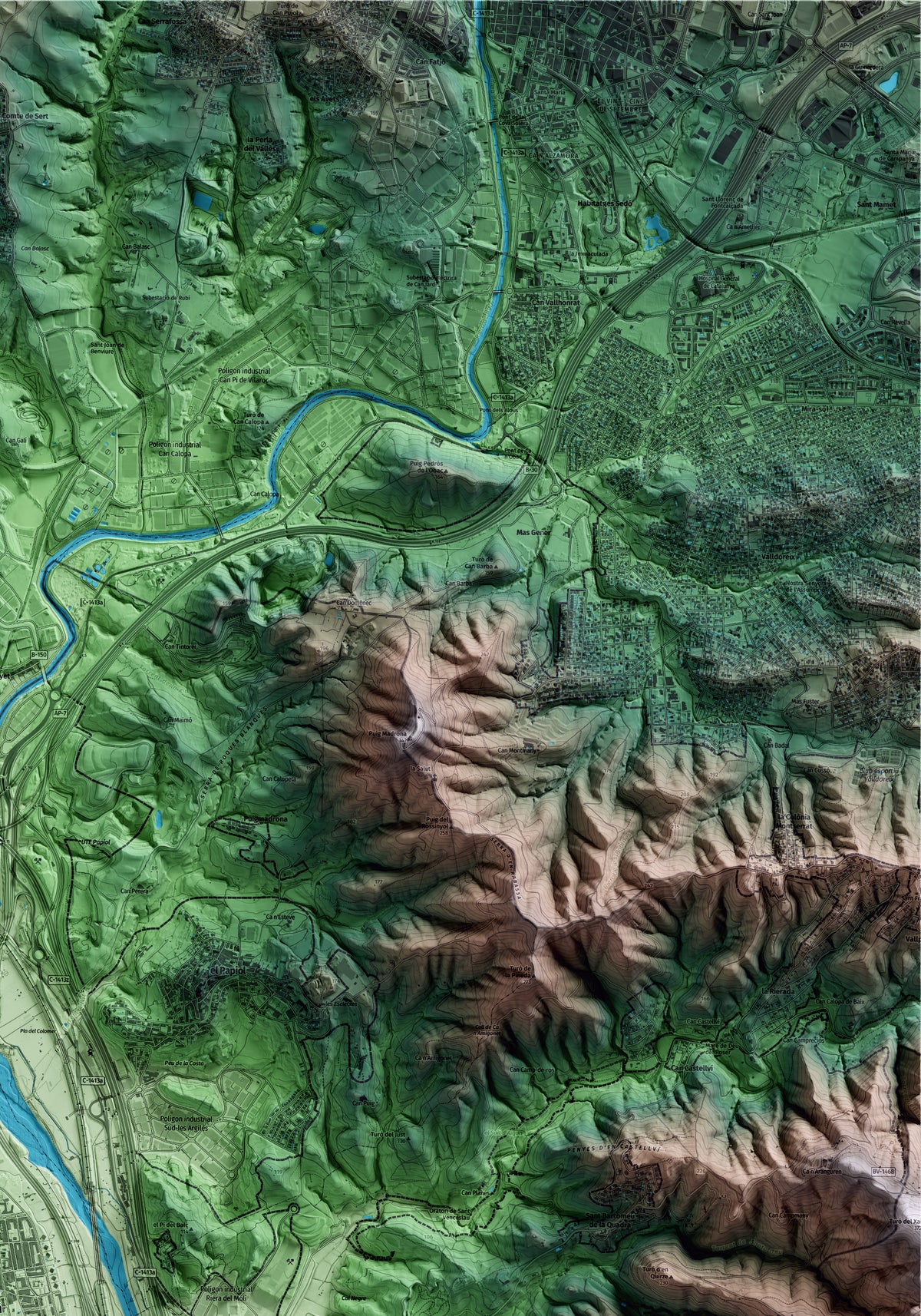 Mapa artístico del relieve de Pallejà, al Baix Llobregat, con 15 km de entorno y base topográfica ICGC. Detalle de la zona superior derecha.