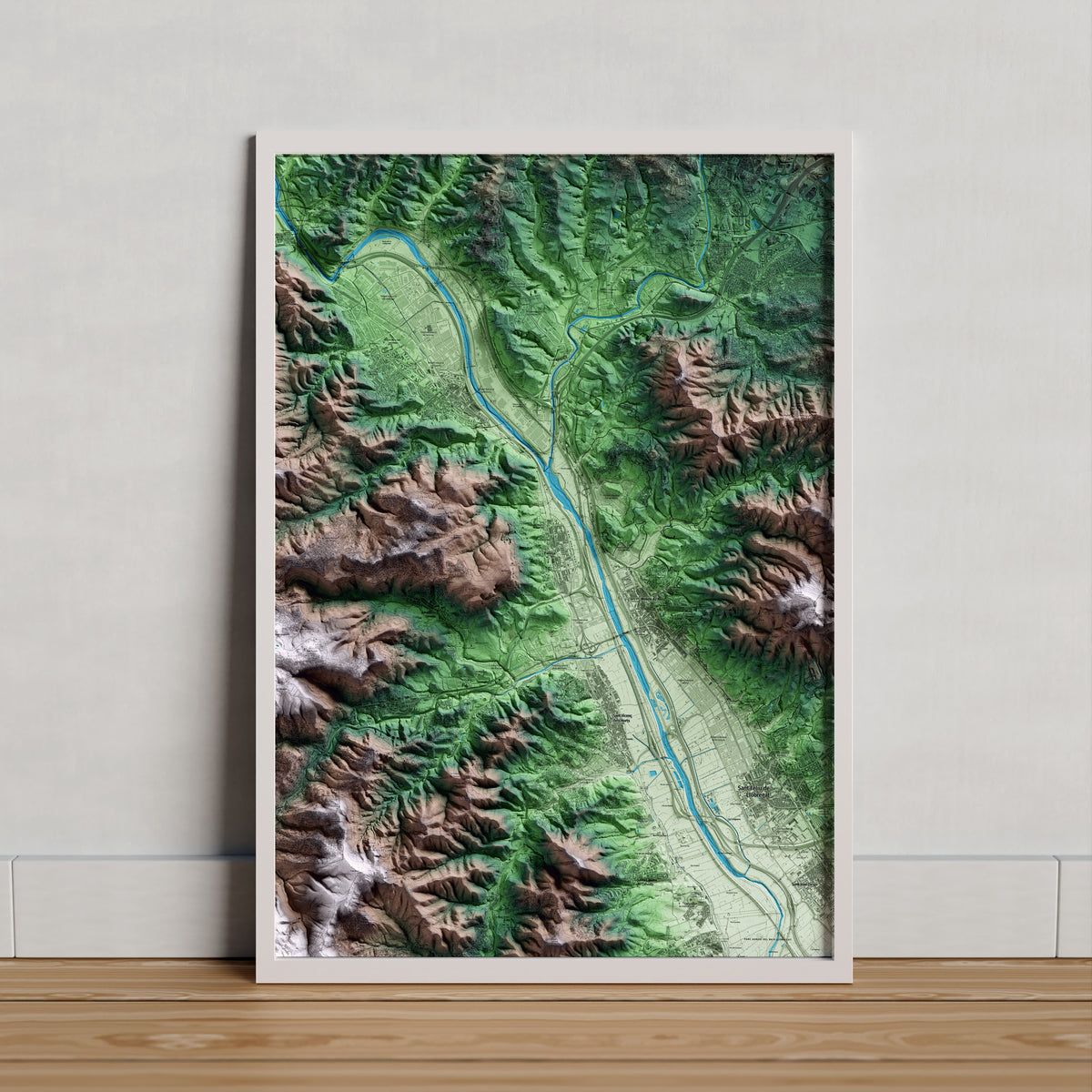 Mapa artístico del relieve de Pallejà, al Baix Llobregat, con 15 km de entorno y base topográfica ICGC. Presentación enmarcada.