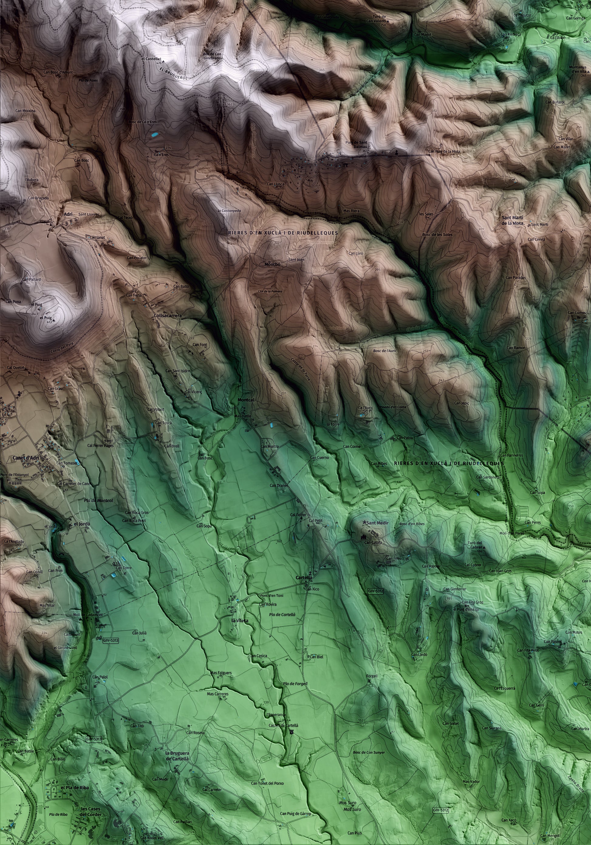Mapa artístico del relieve de Palol de Revardit, en el Pla de l'Estany, con 15 km de entorno y base topográfica ICGC. Detalle de la zona inferior izquierda.
