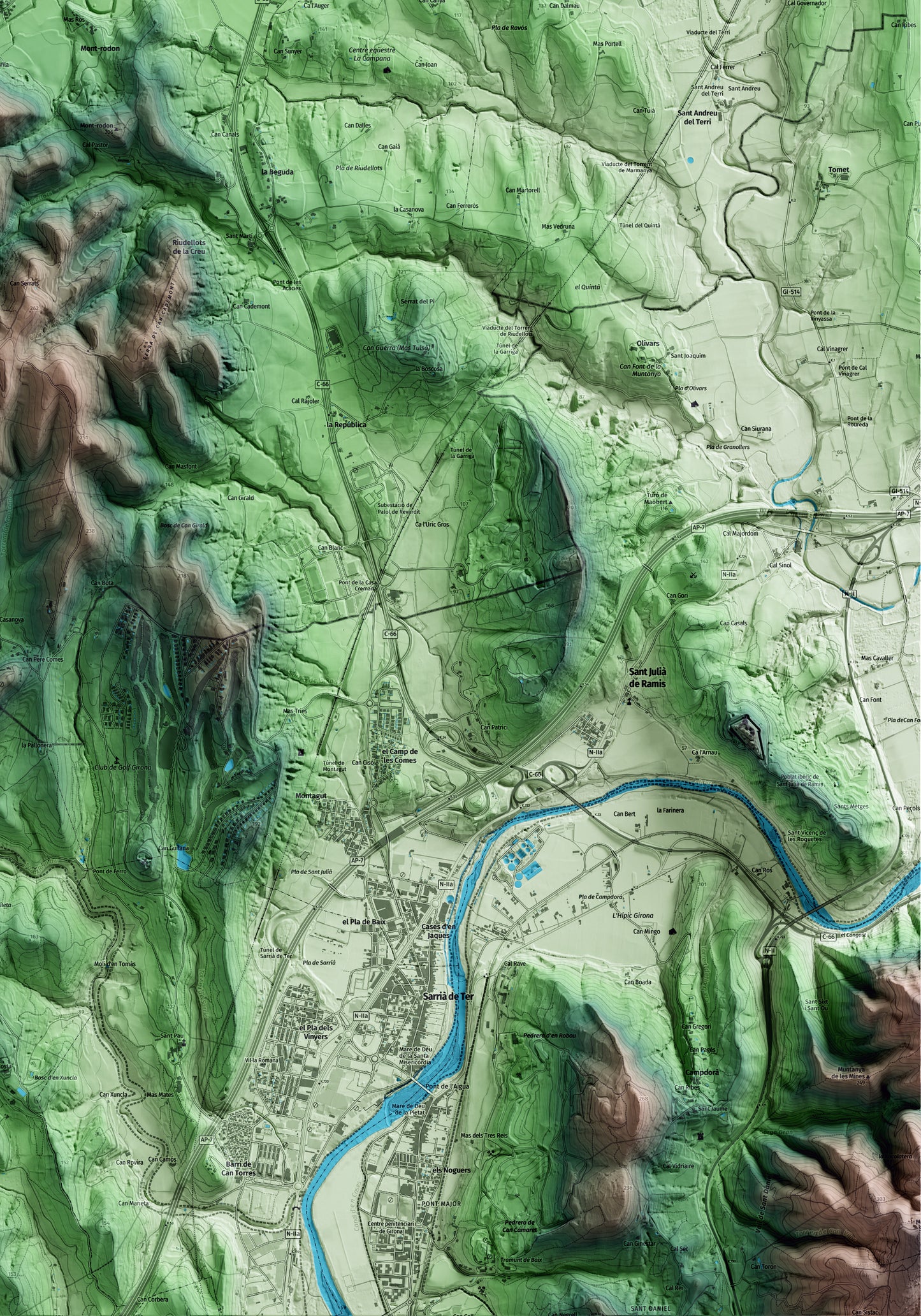 Mapa artístico del relieve de Palol de Revardit, en el Pla de l'Estany, con 15 km de entorno y base topográfica ICGC. Detalle de la zona inferior derecha.