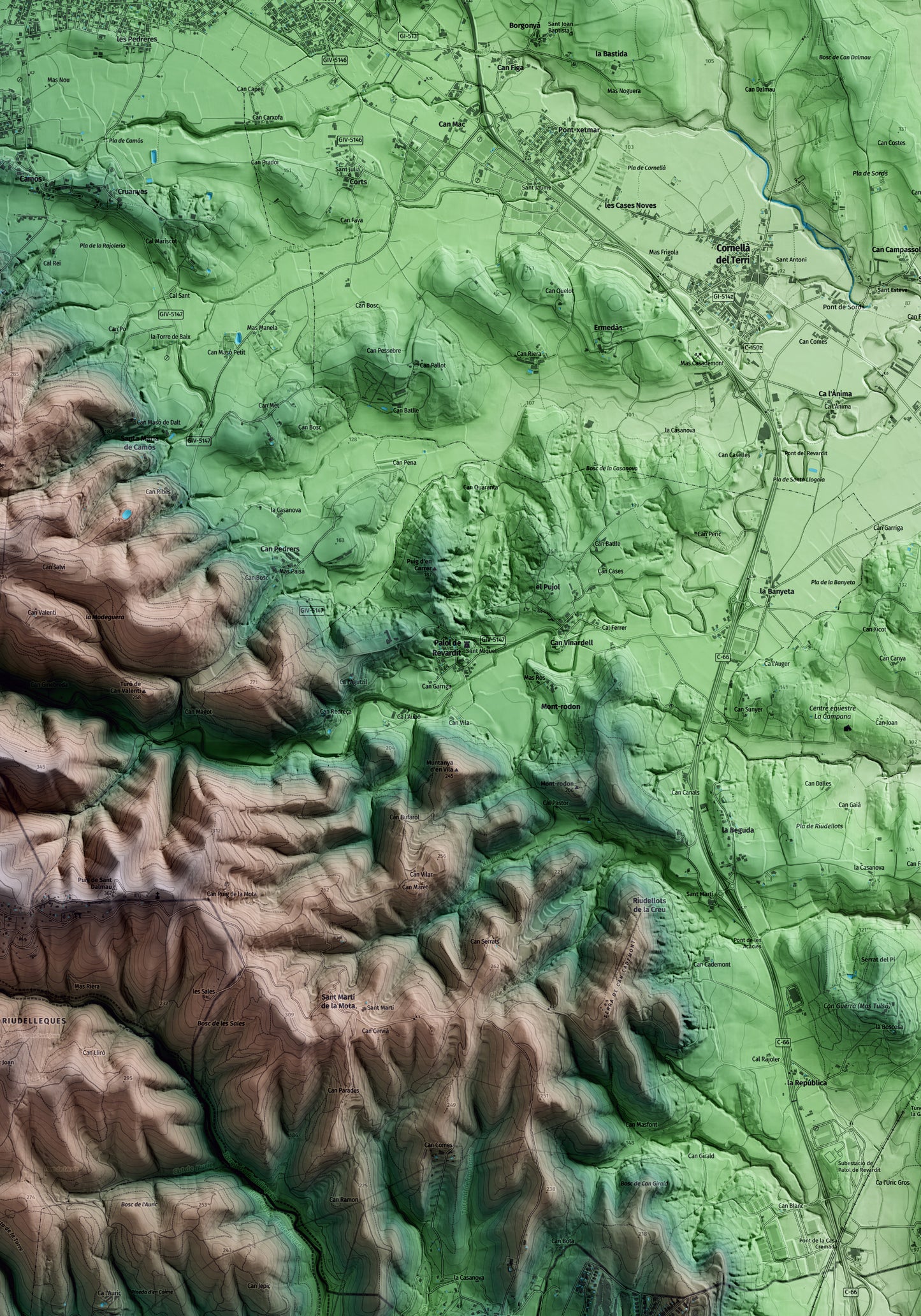 Mapa artístico del relieve de Palol de Revardit, en el Pla de l'Estany, con 15 km de entorno y base topográfica ICGC. Detalle de la zona central.