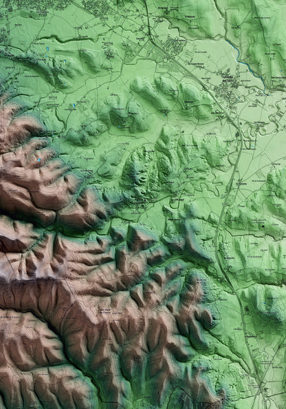 Mapa artístico del relieve de Palol de Revardit, en el Pla de l'Estany, con 15 km de entorno y base topográfica ICGC. Detalle de la zona central.