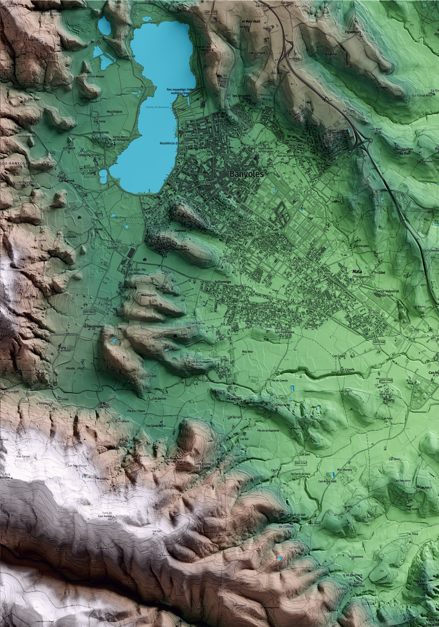 Mapa artístico del relieve de Palol de Revardit, en el Pla de l'Estany, con 15 km de entorno y base topográfica ICGC. Detalle de la zona superior izquierda.
