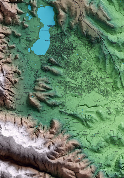 Mapa artístico del relieve de Palol de Revardit, en el Pla de l'Estany, con 15 km de entorno y base topográfica ICGC. Detalle de la zona superior izquierda.