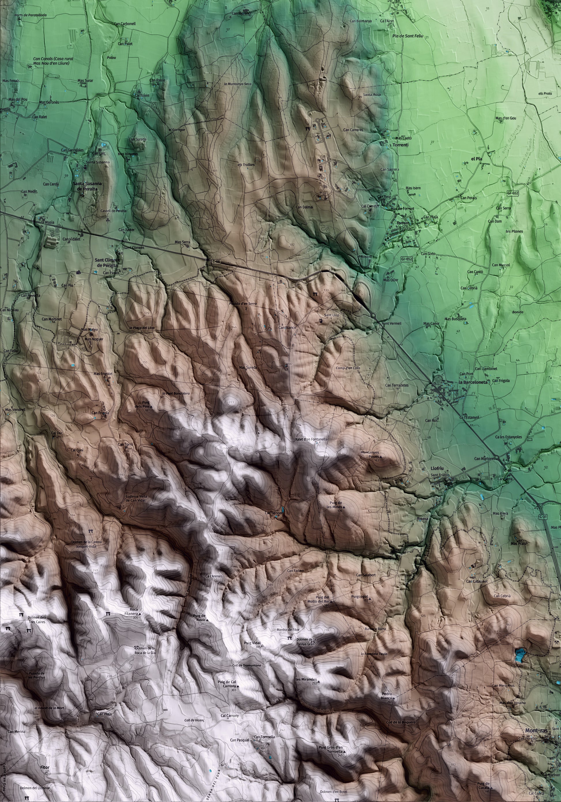 Mapa artístico del relieve de Pals, al Baix Empordà, con 15 km de entorno y base topográfica ICGC. Detalle de la zona inferior izquierda.