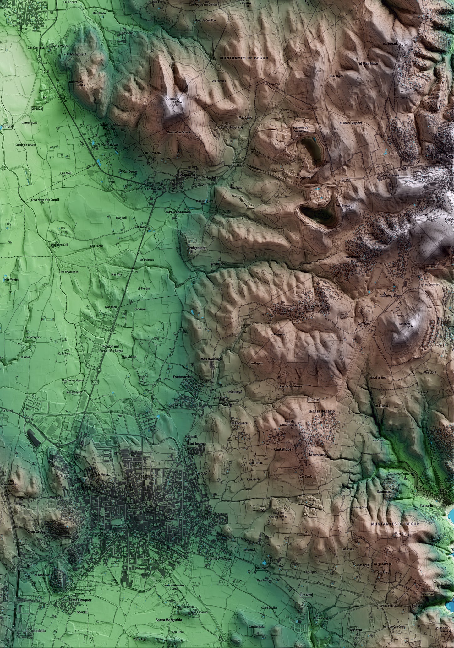 Mapa artístico del relieve de Pals, al Baix Empordà, con 15 km de entorno y base topográfica ICGC. Detalle de la zona inferior derecha.