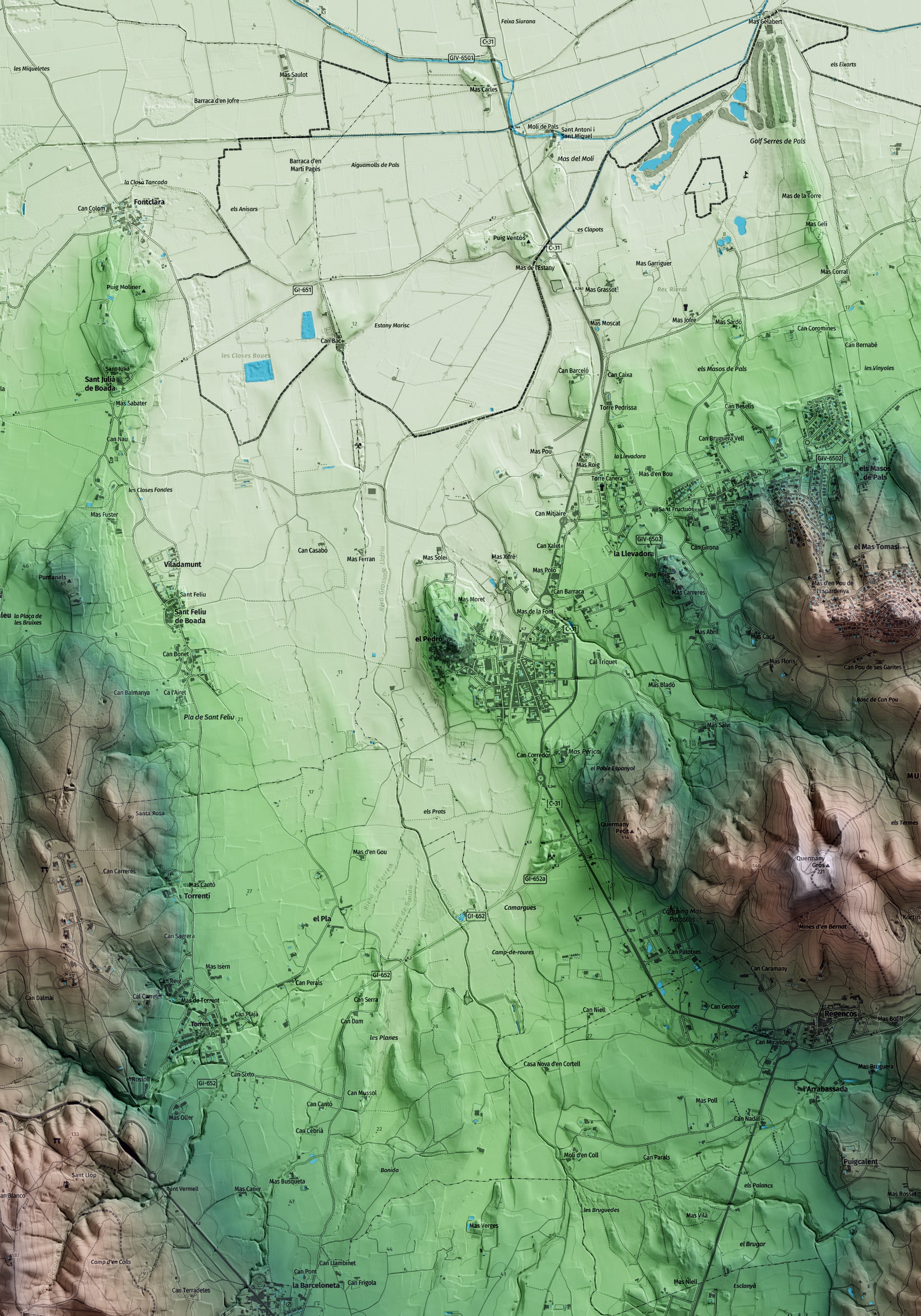 Mapa artístico del relieve de Pals, al Baix Empordà, con 15 km de entorno y base topográfica ICGC. Detalle de la zona central.