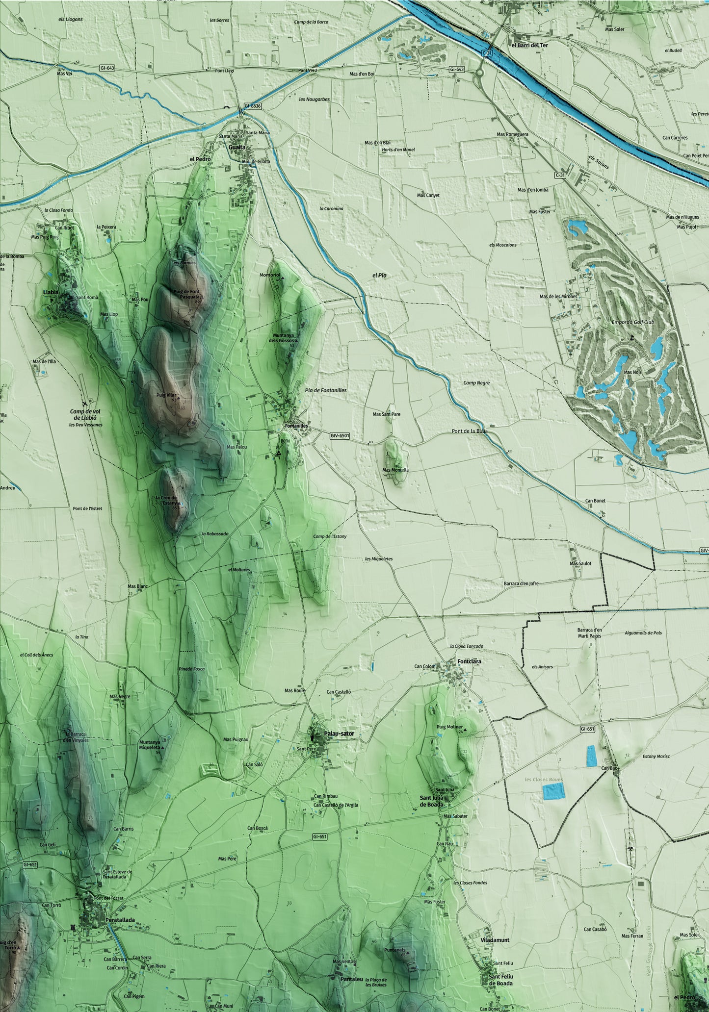 Mapa artístico del relieve de Pals, al Baix Empordà, con 15 km de entorno y base topográfica ICGC. Detalle de la zona superior izquierda.
