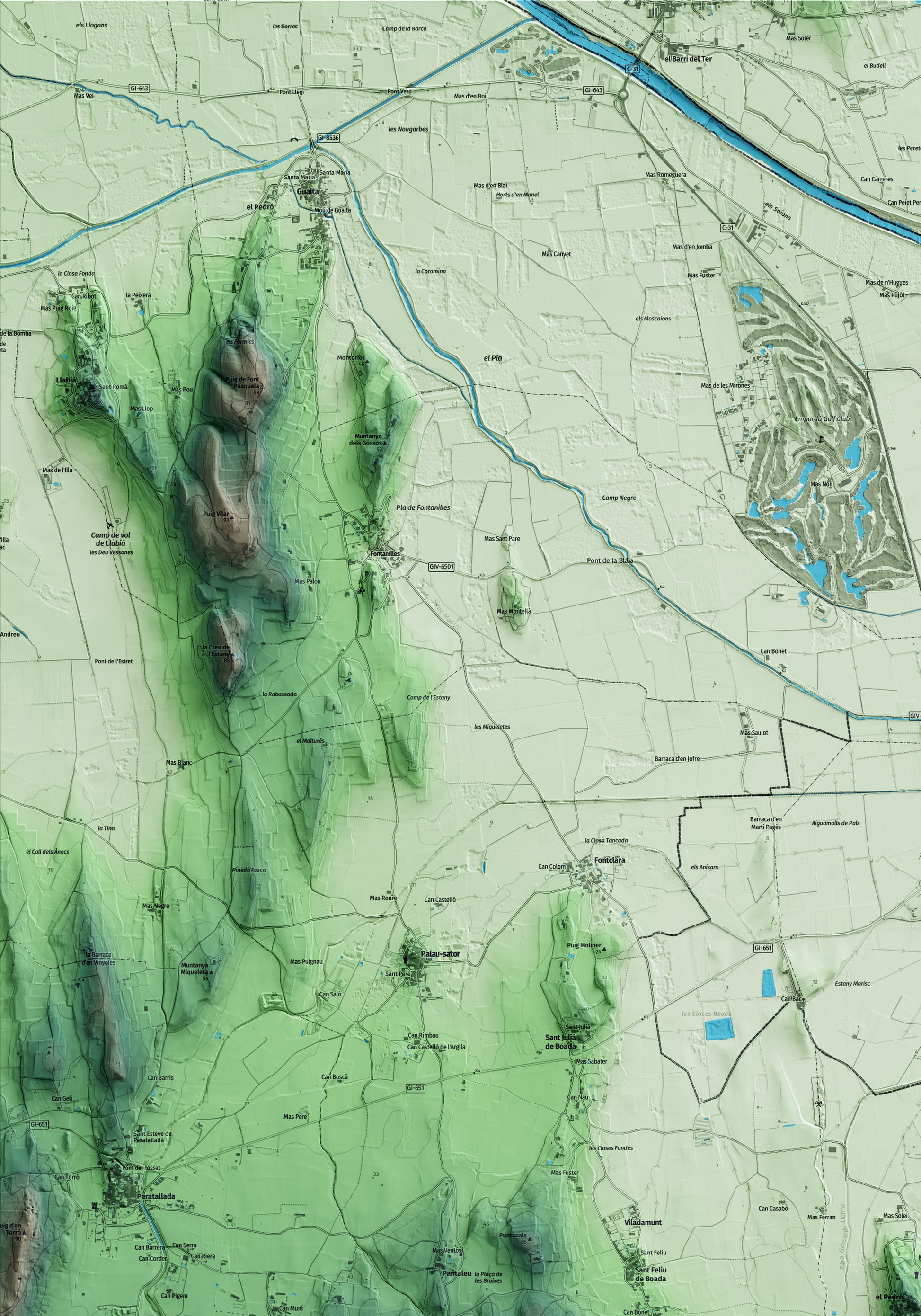 Mapa artístico del relieve de Pals, al Baix Empordà, con 15 km de entorno y base topográfica ICGC. Detalle de la zona superior izquierda.