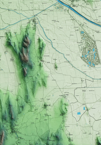 Mapa artístico del relieve de Pals, al Baix Empordà, con 15 km de entorno y base topográfica ICGC. Detalle de la zona superior izquierda.