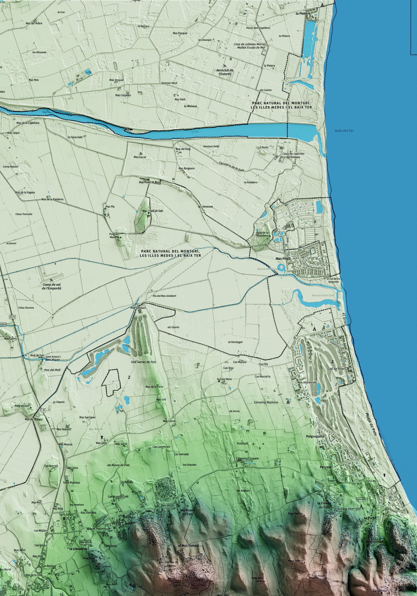Mapa artístico del relieve de Pals, al Baix Empordà, con 15 km de entorno y base topográfica ICGC. Detalle de la zona superior derecha.