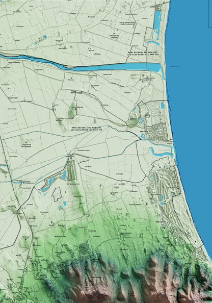 Mapa artístico del relieve de Pals, al Baix Empordà, con 15 km de entorno y base topográfica ICGC. Detalle de la zona superior derecha.