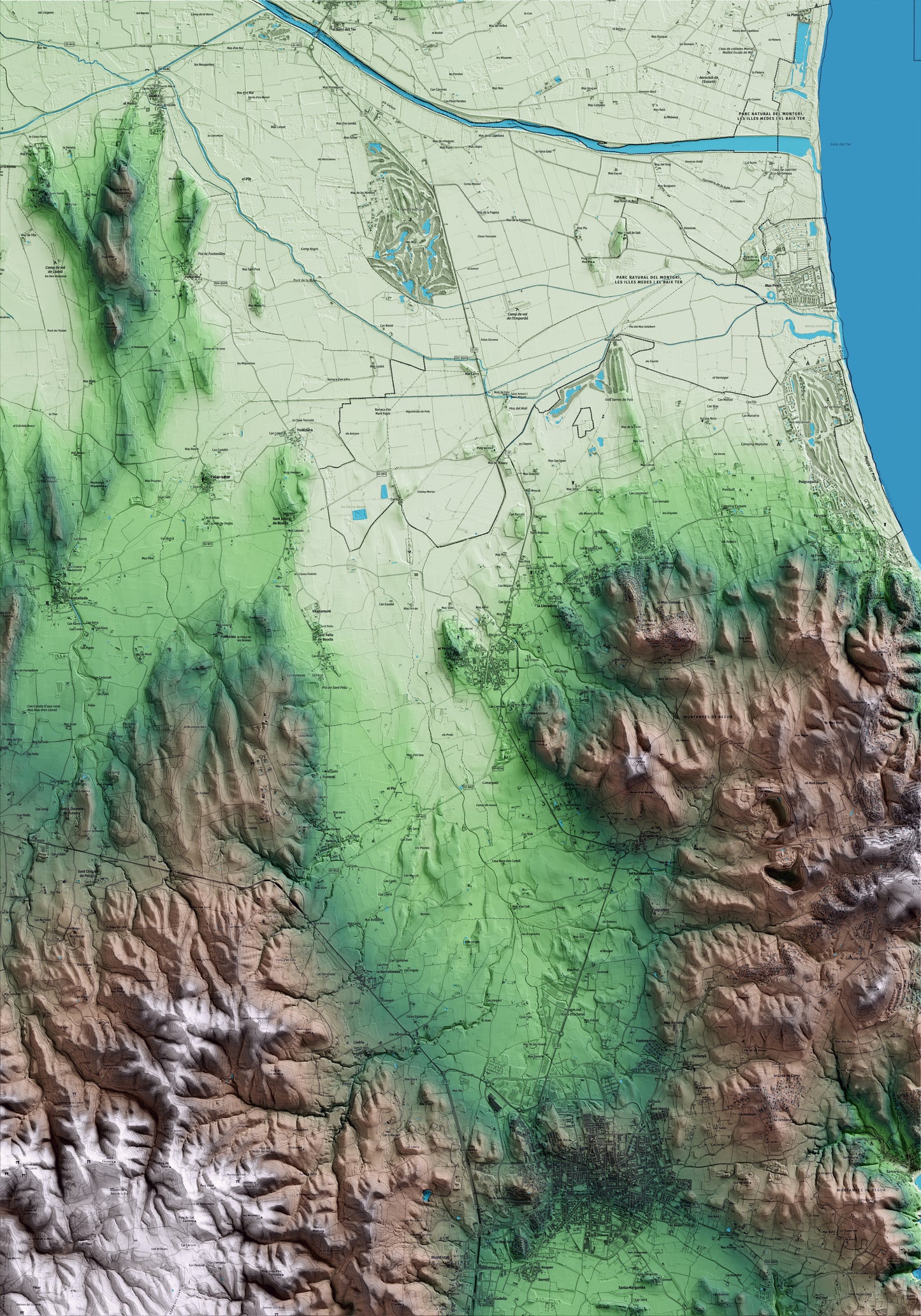 Mapa artístico del relieve de Pals, al Baix Empordà, con 15 km de entorno y base topográfica ICGC
