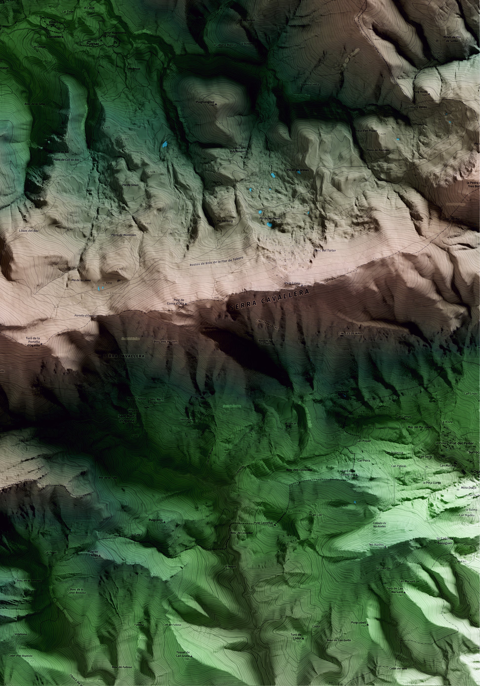 Mapa artístico del relieve de Pardines, al Ripollès, con 15 km de entorno y base topográfica ICGC. Detalle de la zona inferior derecha.
