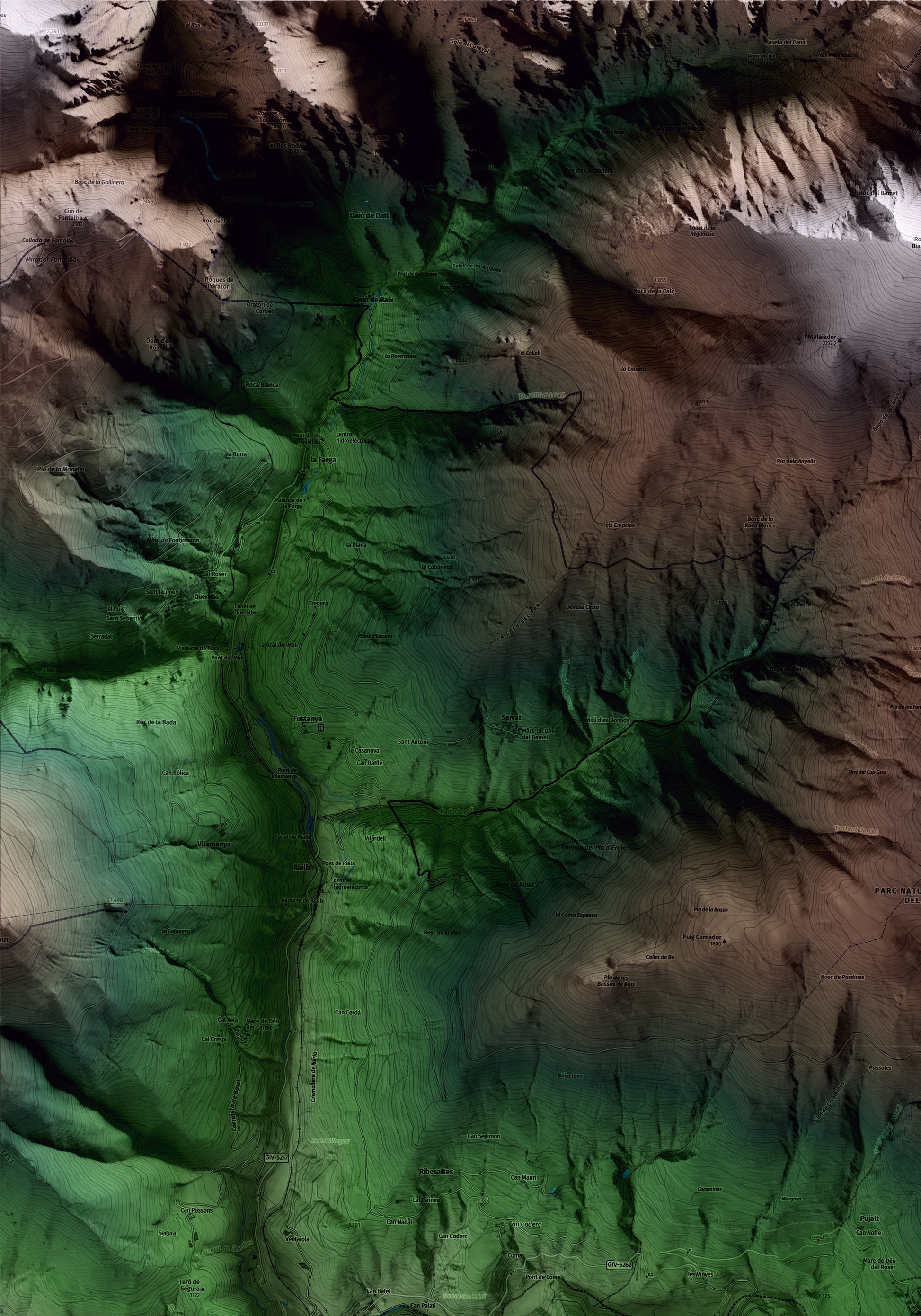 Mapa artístico del relieve de Pardines, al Ripollès, con 15 km de entorno y base topográfica ICGC. Detalle de la zona superior izquierda.